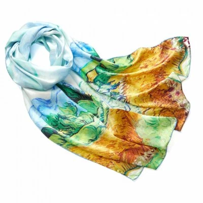 Sciarpa donna seta Prettystern pittura Van Gogh campo di grano con cipressi P943