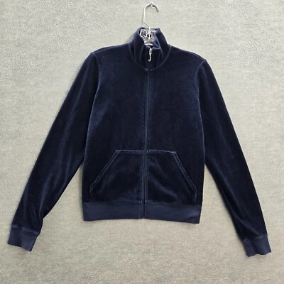Y2K Juicy Couture Women Sweatshirt Large Blue Velour Cropped Hoodie Mock Neck - Image 1 of 4