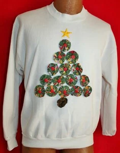 Vintage 90s CHRISTMAS TREE Button Art UGLY Christmas Sweater SWEATSHIRT M - Picture 1 of 3