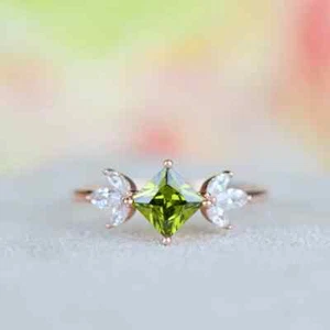 14K Rose Gold Plated Silver Vintage Princess Cut Natural Peridot Engagement Ring - Picture 1 of 9