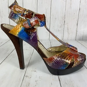 BCBGirls Snake Print Heels Sandals 9.5 Multicolor Cosmic Stiletto Platform - Picture 1 of 12