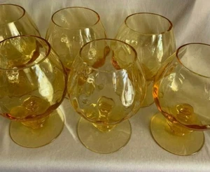 Set of 6 Large Vintage Amber Fishbowl Optic Glass Brandy Snifter - Picture 1 of 3