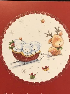 Christmas Card Reindeer Teddy Polar Bears in Sleigh Glittered New with Envelope - Picture 1 of 12