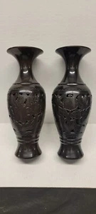 japanese Clay Vase pair Reticulated Floral Design Marked On Bottom - Picture 1 of 12