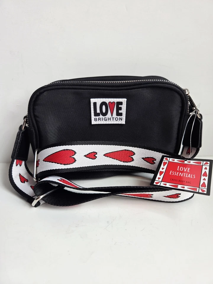 BRIGHTON Love Essentials Double Zip Camera Crossbody Black Red Hearts D30309