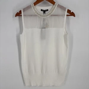 Cable & Gauge Womens Sleeveless Knit Top Small White Sheer Panel Beaded Cocktail - Picture 1 of 9