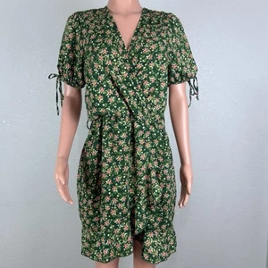 Purple Snow Women’s Short Sleeve Green Floral Print Dress Wrap Mid Thigh XL CC24 - Picture 1 of 13
