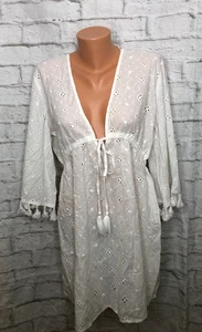 Blue Island Silver Threaded Eyelet Adjustable Waist Beach Cover Up White Large - Picture 1 of 4