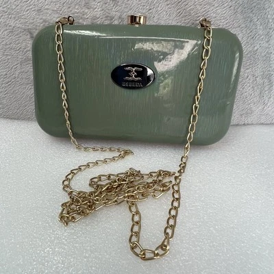 ESBEDA Green Sage Hard Clutch Purse Gold Chain Strap Jewel Clasp Closure Party - Image 1 of 4