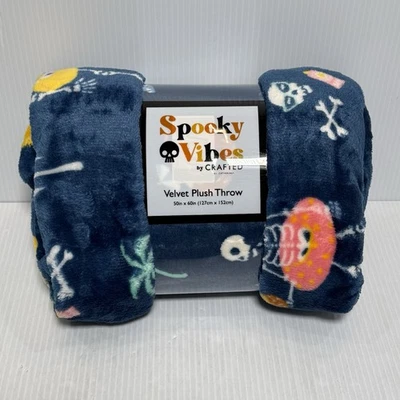 Spooky Vibes Velvet Plush Throw Blanket BEACHY SKELETON 50" x 60" Blue - Image 1 of 3