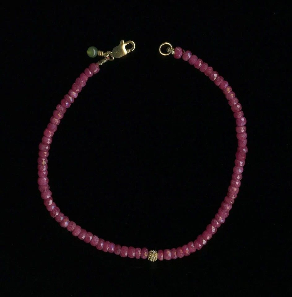 14K 4.49 Gram Solid Yellow Gold 7.25" Rondelle Red Ruby Bead Strand Bracelet *KG - Image 1 of 1