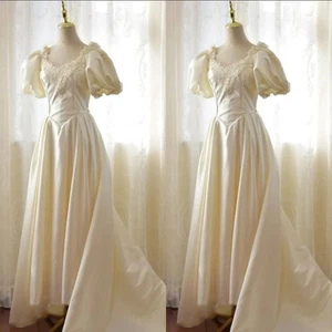 Vintage 1950S Wedding Dresses Short Puff Sleeves Satin A Line Bridal Gowns - Picture 1 of 9