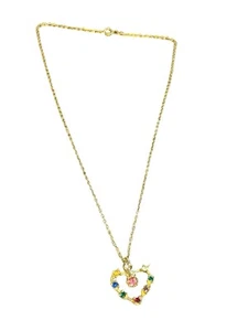Gold Tone Multi Color Rhinestone Heart Necklace Pendant - Picture 1 of 16