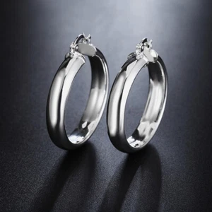 925 Sterling Silver Smooth Hoop Earrings For Women Fashion Classic Jewelry - Picture 1 of 5