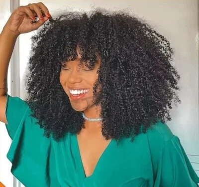 Glueless Bob Wigs Black Human Hair Short Afro Kinky Curly Wigs with Bangs 250% - Image 1 of 4