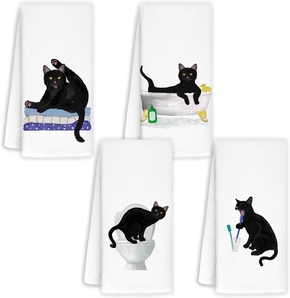 Juego de 4 toallas de mano para gato negro para baño - Toallas de mano para gato para amantes de los gatos, aprox. Foto 1 de 4