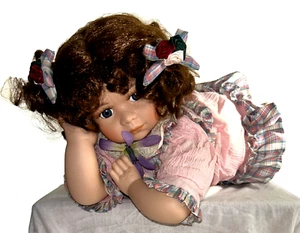Porcelain Doll Laying Down Smelling Flower Country Pink 14" Long - Picture 1 of 6