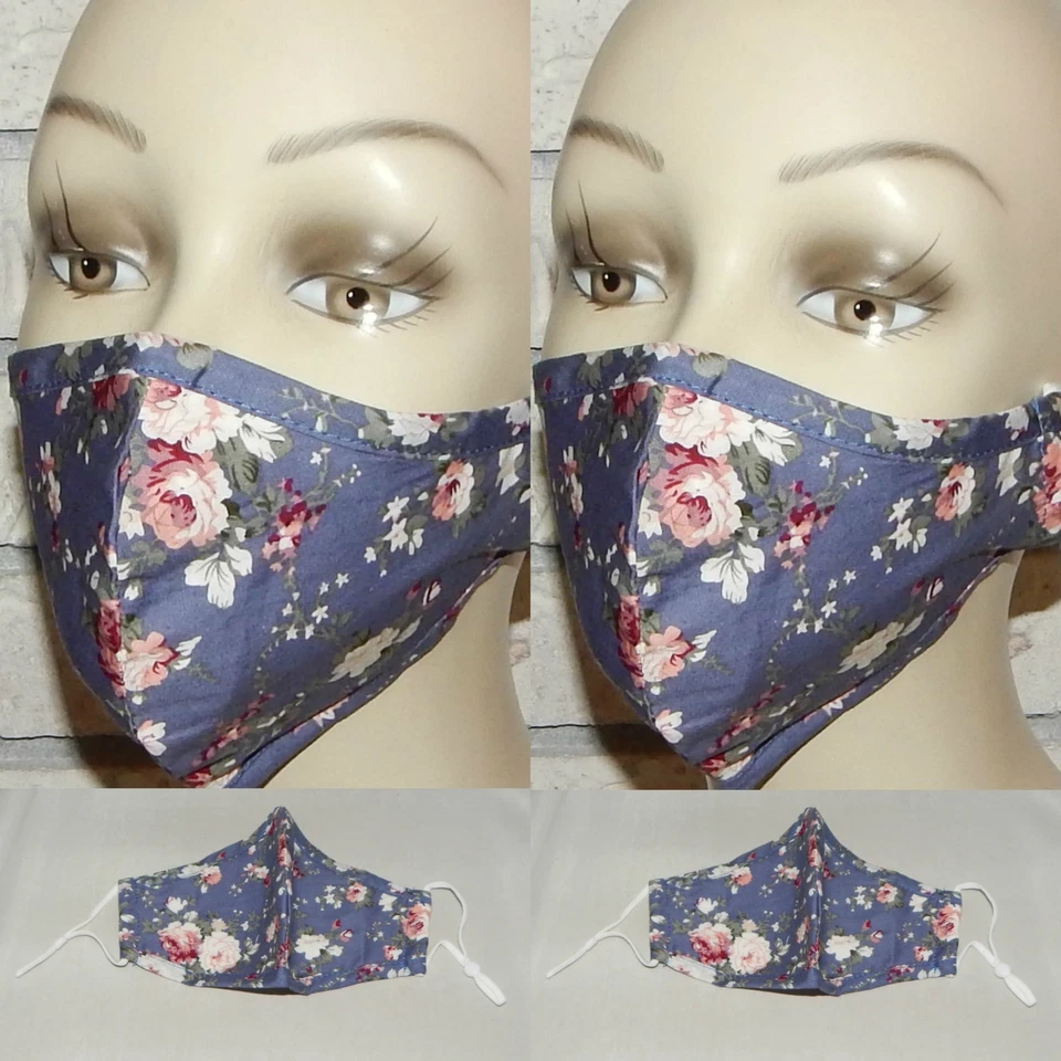 LOT OF 2 ROSES FLORAL ON BLUE COTTON WASHABLE REUSABLE FASHION FACE MASK INDIANA - Image 1 of 1