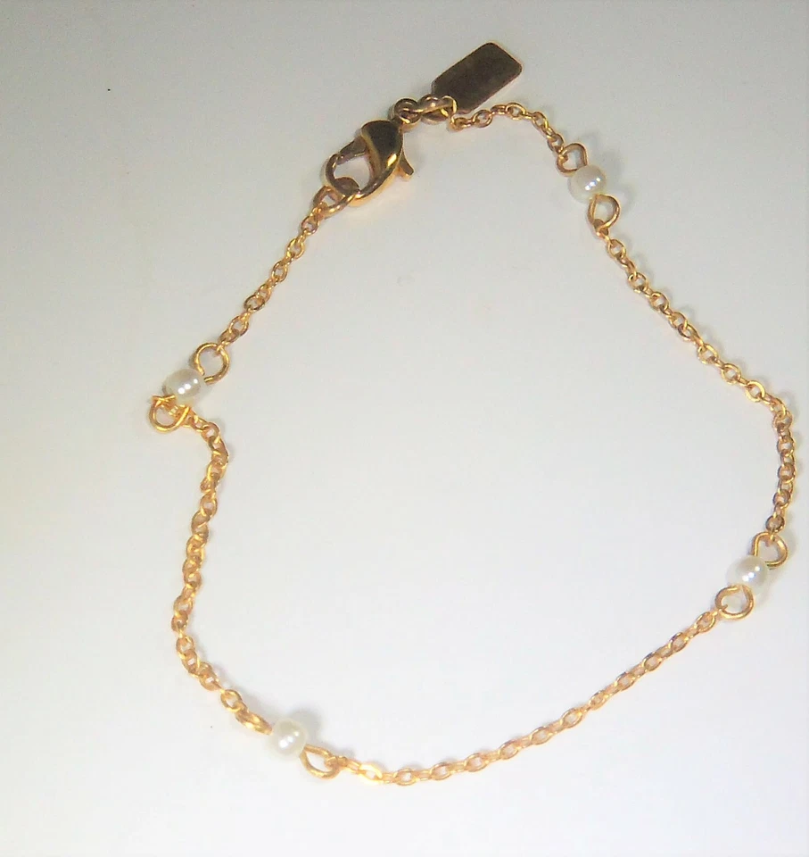 Браслет цепочка проводной белый бусина 1928 подписанный золотой тон 7,5» Appx. - Изображение 1 из 1
