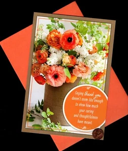 THANK YOU Burlap Vase Flowers Orange GLITTERED - LARGE Greeting Card W/ TRACKING - Picture 1 of 4