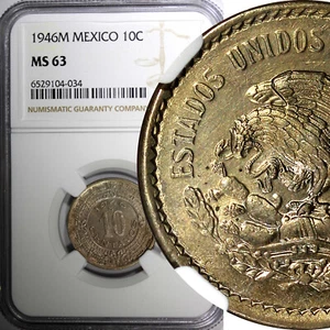 Mexico 1946 M  10 Centavos NGC MS63 Last Year Type KM# 432 (034) - Picture 1 of 5