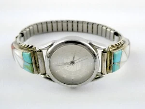 Orologio NA Southwestern W Firmato Argento Sterling Multi Stone Intarsiato NON FUNZIONANTE - Foto 1 di 17