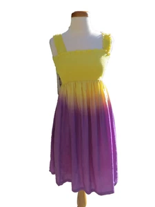 Numph Sundress Size 10 Purple Yellow Smocked Empire Waist Midi Ruffled Straps - Picture 1 of 6
