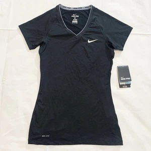 Neu mit Etikett Nike Pro Damen Small Dri-Fit tailliertes V-Ausschnitt Fitnessstudio Trainingsshirt Oberteil S/S schwarz - Bild 1 von 12