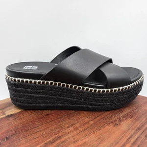FitFlop Eloise Sandals Women's 8 Black Leather Chunky Platform Wedge Espadrille - Picture 1 of 13
