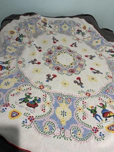 Vintage Portugal Round Table Cloth Folk Art Roosters Chicken Couple Dancing 59 - Picture 1 of 4