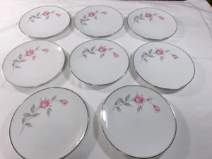 SET Of 8 Noritake ROSEMARIE Salad/Luncheon Plates Pink Rose Platinum Trim 81/4" - Picture 1 of 9