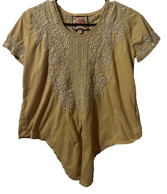 Camisa Johnny Was XS Manga Corta Corbata Parte Inferior Floral Bordada Silenciada Dorado Blanco Foto 1 de 4