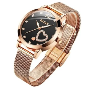Olevs Women's Rose Gold Diamond Hearts Mesh Strap Watch, Luminous, Waterproof - Picture 1 of 8