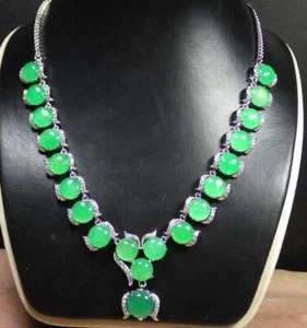 Echter grüner Jade Cabochon Zirkonia Glücksblume 18KGP Anhänger Halskette - Bild 1 von 9