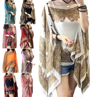 Women Chiffon Floral Printed Scarves Blouses Summer Fashion Beachwear Shirt Tops - Image 1 of 4