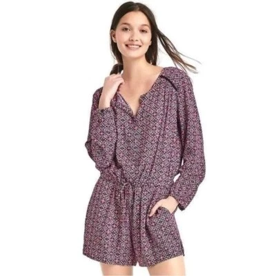Gap red pink geometric floral long sleeve blouson romper M - Image 1 of 4