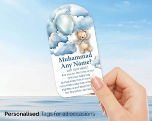 Personalised Muslim Baby Boy announcement Tags Desi Aqeeqah Duas tag 215 - Picture 1 of 11