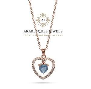 MARCH AQUAMARINE BIRTHSTONE NECKLACE PENDANT STERLING SILVER 925 /ROSE GOLD - Picture 1 of 2