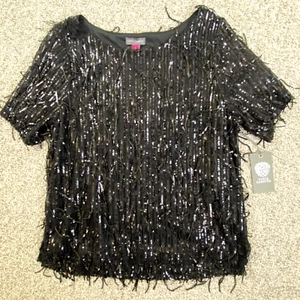 Vince Camuto Top Womens Small Black Sequin Tasseled Short Sleeve Lining Pullover - Picture 1 of 12