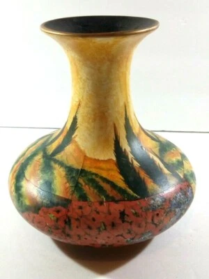 African Print Vase with Decoupage Look, Gold Trim and Black Interior 6 in High - Image 1 of 4