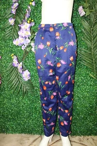Vintage hochtaillierte blaue Satinhose mit Blumen handgefertigt ohne Etikett - Bild 1 von 5