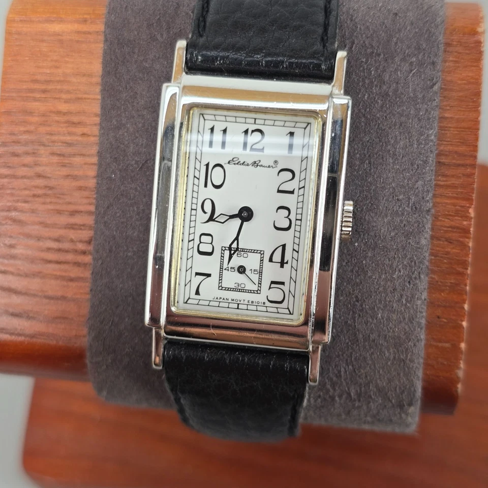 Eddie Bauer 70º Aniversário Retângulo Tanque Prata Relógio Analógico Couro Preto - Imagem 1 de 4