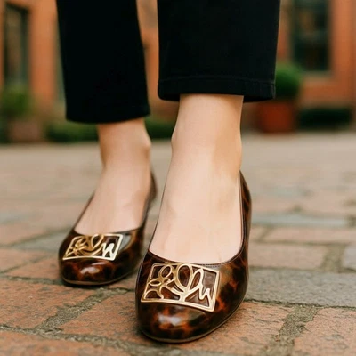 Lilly Pulitzer 标志芭蕾平底鞋 8.5 鞋棕色闪亮皮革玳瑁图案 — 第 1/4 张图片