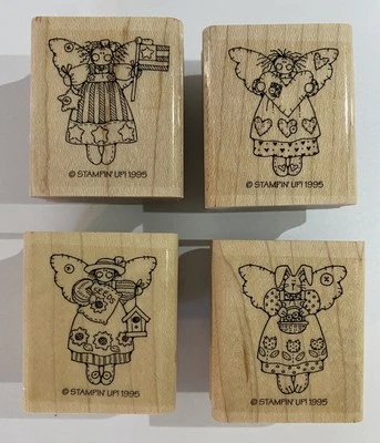 Stampin' Up! Angels Mini Rubber Stamp Set of 4 Wood Mount 1995 Retired July 4 - Image 1 of 4