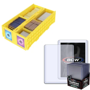 BCW Yellow 1600 2-row Card Bin + 100 (79pt 2mm) Thick Toploaders Storage - Picture 1 of 5