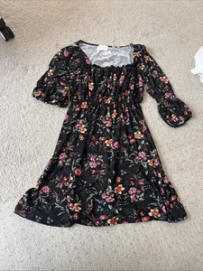 French Grey Floral Empire Waist Dress Size Large - Picture 1 of 2