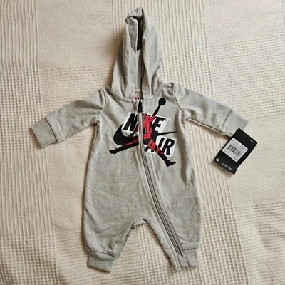 Nike Jordan Newborn Grey Full Zip Hooded Jumpsuit Romper - Image 1 of 4