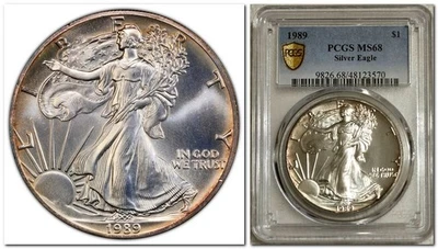 1989 AMERICAN Silver EAGLE (ASE) $1, PCGS MS68, Gold Shield, Rim Toning! - Image 1 of 4