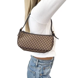 CELINE Vintage Macadam Monogram Logo Shoulder Bag Pochette Beige Brown Canvas - Picture 1 of 12