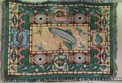 Cobertor de tapeçaria vintage respingo arco-íris truta cabine pesca com mosca HTF  - Imagem 1 de 4